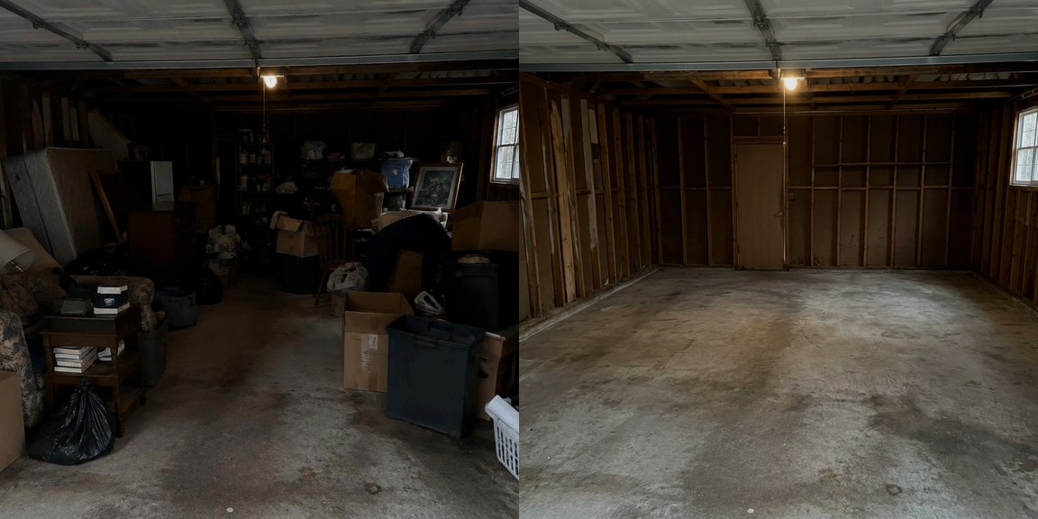 Garage tools and clutter before cleanout